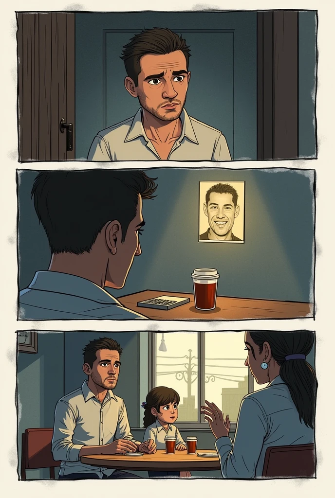 faça um storyboard
**Scene 1:**
- **General plan**: Geraldo sitting in his room, The environment is dark., with a dim light illuminating Carlinha's photo on the table.
- **Detailed Plan**: Phone on the table starts ringing, vibrating silently.
- **medium shot**: Geraldo answers the phone, with an expression of shock and confusion, looking at the cell phone screen that shows an unknown number.
--**Scene 2:**
- **plano americano**: Geraldo talks to Antonieta and Chico in a café. He gestures nervously as he tries to explain something.
- **General plan**: Antonieta and Chico exchange worried looks, showing skepticism.
- **Next plan**: Geraldo notices the doubt in his friends' eyes and becomes dejected., with head down.