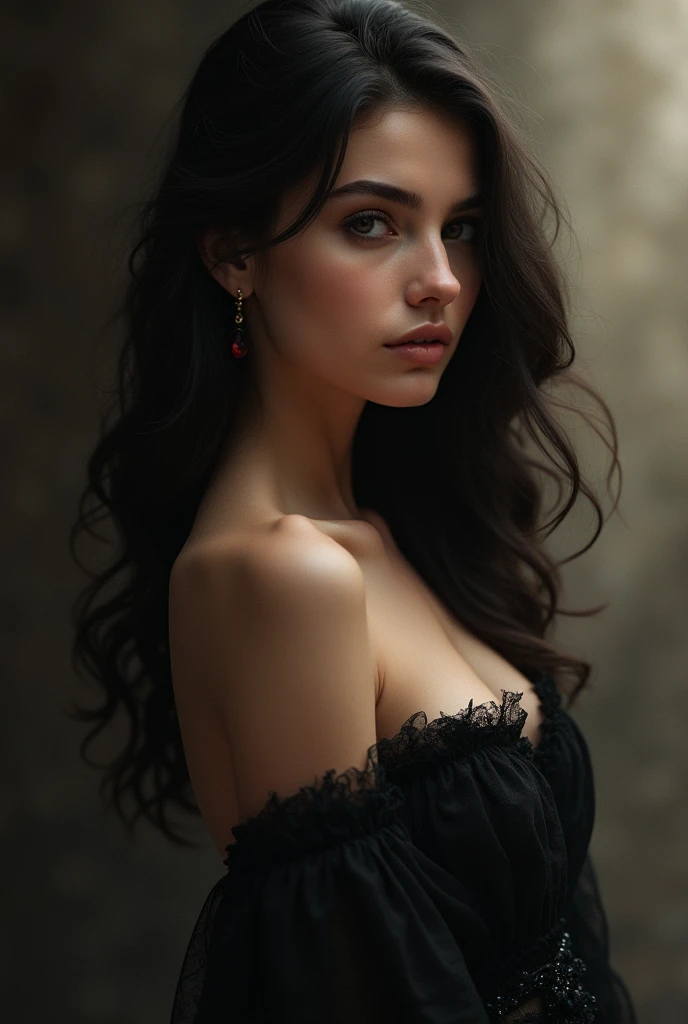 draw me a brunette girl, high, exotic features, with long, dark wavy hair and a slim figure