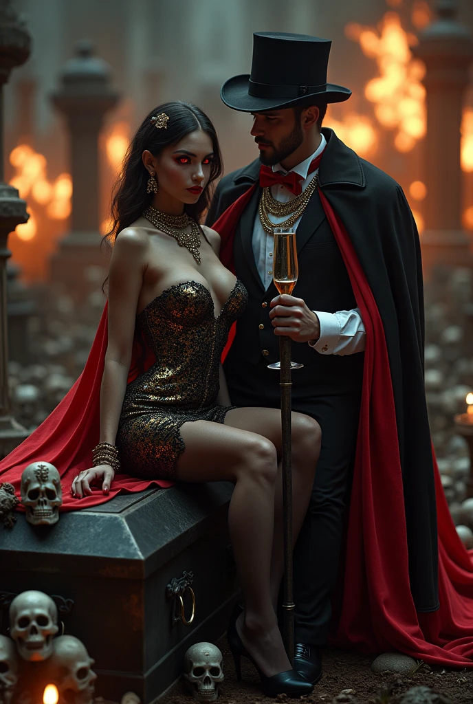 Beautiful woman and man, barba, seated on a coffin, Sexy black gold and red glitter dress, red and black cape, glass of champagne, candles, cemetery, fire, calaveras, whole body, necklaces, Red eyes, man black antique hat and red bow tie, walking stick, smile , vaso whisky, white men's clothing, Red eyes , darkness, terror, smile malvada, celebration, man in a black and red cloak, standing man 