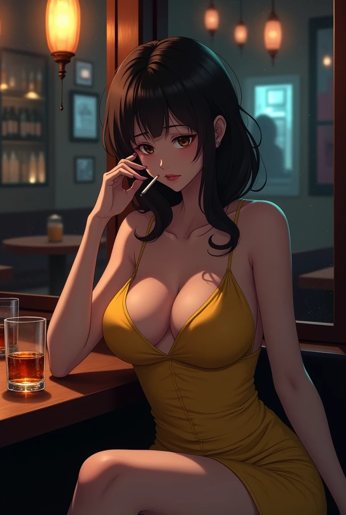 (anime:1.2) sad busty girl, sitting in a bar, holding a glass of whiskey, at night time, alone, using sexy yellow dress, really huge breasts, with seductive look, and revealing neckline, with a cigarette