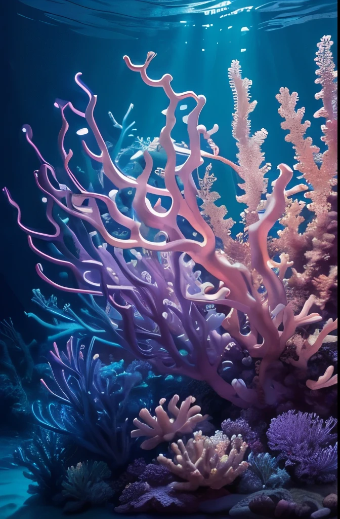 purple sea anemone in a tank with other sea creatures, delicate coral sea bottom, colorful coral, long wispy tentacles, harmony of neon glowing coral, translucent gills, eagle coral, elegant coral sea bottom, beautiful colorful corals, purple and blue neons, radiating atomic neon corals, sea anemone, coral, rainbow corals, corals, underwater soft colours