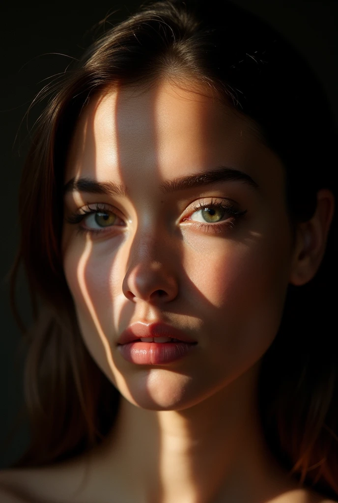 Fille brune  (visage baigné de lumière structurée:1.3), (ombres tachetées:1.2), (regard captivant:1.1), (contraste de lumière et de texture:1.2), interaction artistique, (rayures lumineuses nettes:1.1), (Iris détaillé:1.1), Sony α7R IV, 1/320s, F/2.8, ISO 400, (Expression énigmatique:1.2), (contours du visage mis en valeur:1.1), (Portrait intime:1.2), Format de fichier RAW, (rythme visuel:1.1), (contraste intrinsèque:1.2), réaliste 

