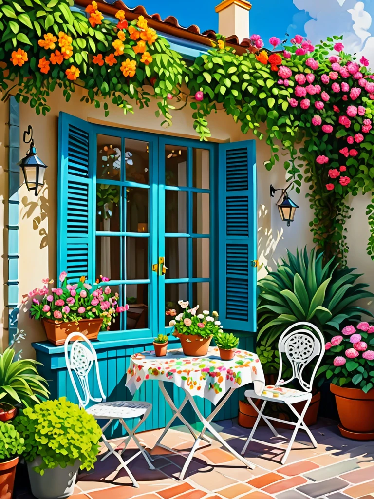 (masterpiece:1), a painting of a patio with a table, chairs, and potted plants, beautiful terrace, cute style garden, flowery cottage, beatiful house, with colorful flowers and plants, beautiful garden, green terrace, lush chic garden, lush flowery outdoors, outdoor design, window with flower box, plants on balconies, floral environment, beautiful plants, realistic garden, relaxing environment, 4k hd,, beautiful art uhd 4 k, a beautiful artwork illustration, beautiful digital painting, highly detailed digital painting, beautiful digital artwork, detailed painting 4 k, very detailed digital painting, rich picturesque colors, gorgeous digital painting, no human