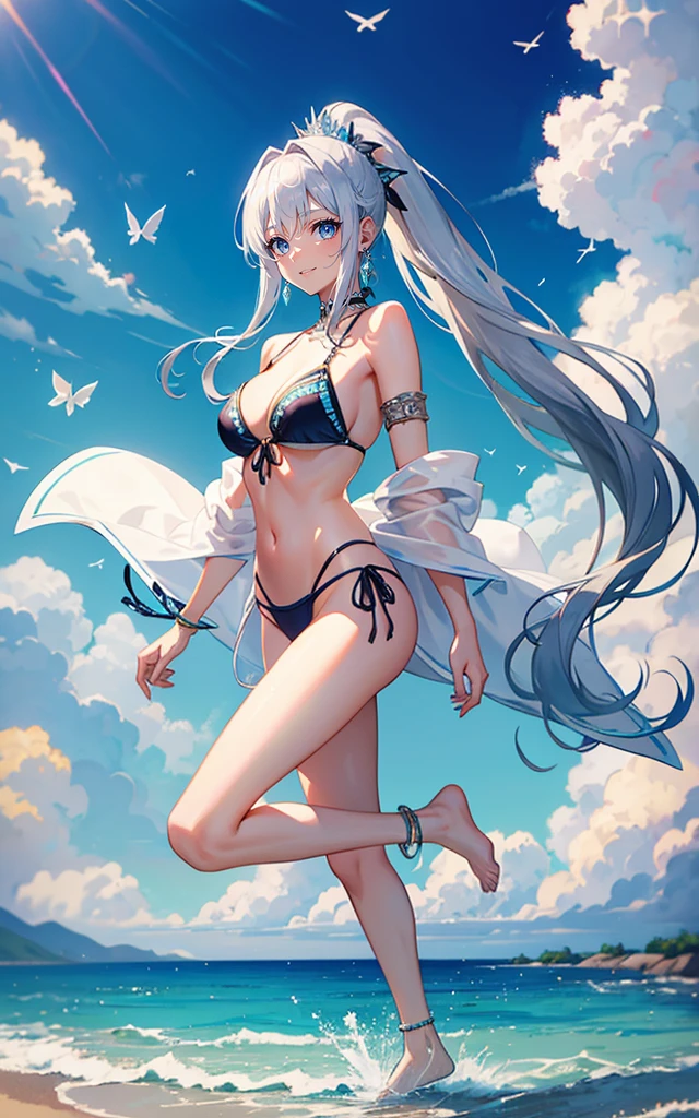 High resolution, masterpiece, Accurate, Highest quality, number々Awards for, High resolutionモデル, 

Heavy bangs，Silver Hair，Wet Hair，Super long hair，ponytail，
thin，Ice blue eyes，sharp, Thin eyebrows，smile，
Seaside，
Butterfly Hair Ornament，Crystal Earrings，
Swimwear，Simple bikini，Butterfly Anklet, Barefoot Portrait，Full body anime style, One Girl, alone, 