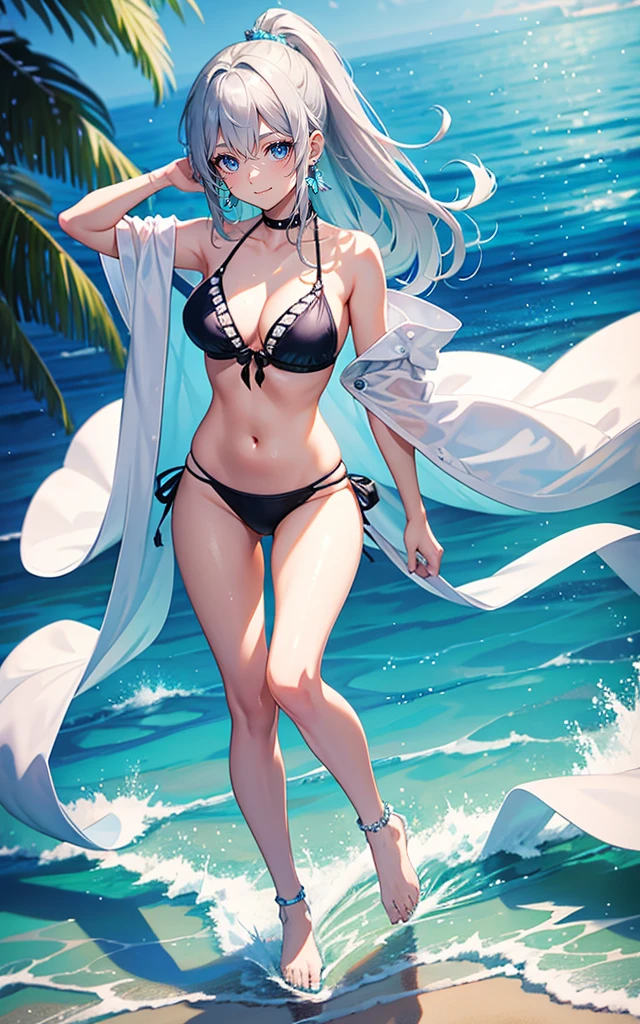High resolution, masterpiece, Accurate, Highest quality, number々Awards for, High resolutionモデル, 

Heavy bangs，Silver Hair，Wet Hair，Super long hair，ponytail，
thin，Ice blue eyes，sharp, Thin eyebrows，smile，
Seaside，
Butterfly Hair Ornament，Crystal Earrings，
Swimwear，Simple bikini，Butterfly Anklet, Barefoot Portrait，Full body anime style, One Girl, alone, 