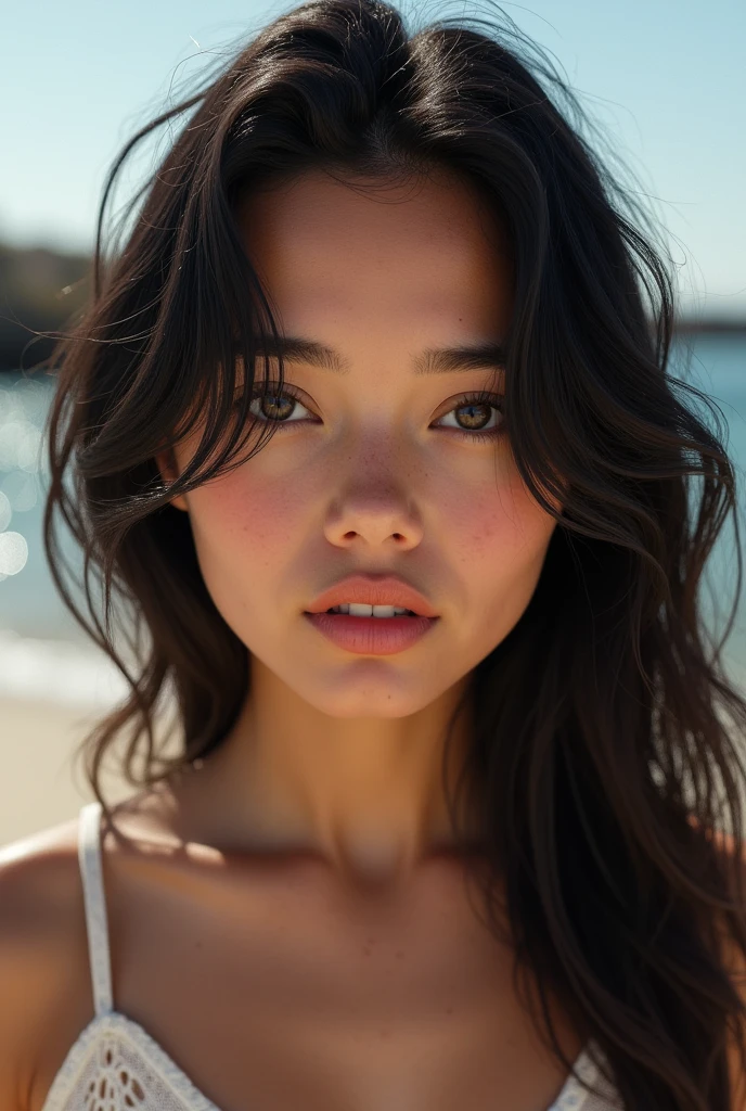Visage femme brune 24ans cheveux européen avec un visage pas parfait à la plage