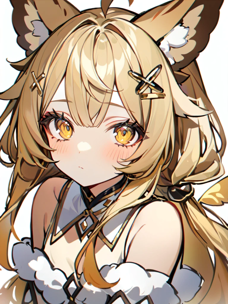 1girl, ahoge, animal ears, bangs, bare shoulders, blonde hair, blush, closed mouth, eyeshadow, hair ornament, hairclip, long hair, looking at viewer, portrait, sketch, solo, upper body, white background, x hair ornament, yellow eyes,moth ears, white clothes, eyelashes in the form of wings, hair tied in two braids, beige shimmers with white, white at the tips,full-length, separate fluffy collar,, gradient at the ends of the hair is white