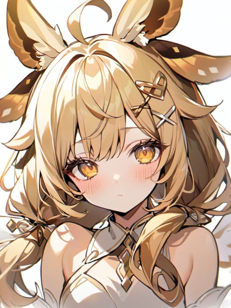 1girl, ahoge, animal ears, bangs, bare shoulders, blonde hair, blush, closed mouth, eyeshadow, hair ornament, hairclip, long hair, looking at viewer, portrait, sketch, solo, upper body, white background, x hair ornament, yellow eyes,moth ears, white clothes, eyelashes in the form of wings, hair tied in two braids, beige shimmers with white, white at the tips,full-length, separate fluffy collar,, gradient at the ends of the hair is white 