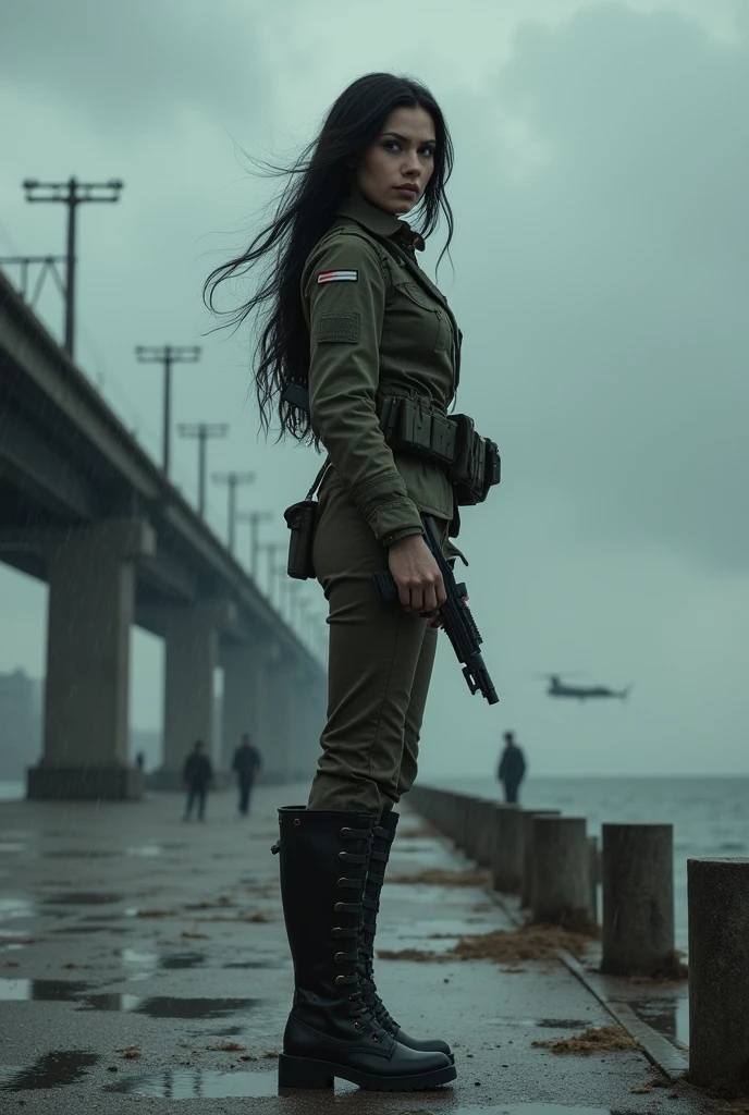 (Wide-angle lens)A 30-year-old woman with long black hair wearing military uniform.,Boots, trousers,high-heel boots,full-body shot,side,War Background,seaside,Iron bridge, Helicopters,Dark clouds sky,Science Fiction, dark的心情, full-body shot片,War atmosphere,Excellent detail,full-body shot片,Film Style,Soviet era,dark,Depressing atmosphere,In the wind and rain,Holding a pistol