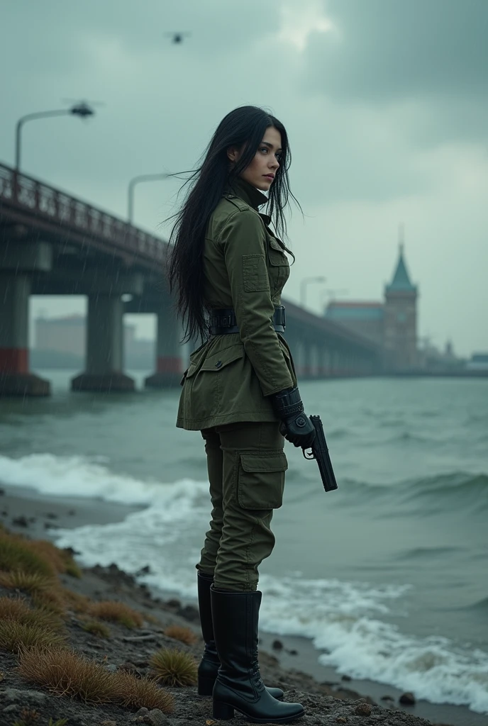 (Wide-angle lens)A 30-year-old woman with long black hair wearing military uniform.,Boots, trousers,high-heel boots,full-body shot,side,War Background,seaside,Iron bridge, Helicopters,Dark clouds sky,Science Fiction, dark的心情, full-body shot片,War atmosphere,Excellent detail,full-body shot片,Film Style,Soviet era,dark,Depressing atmosphere,In the wind and rain,Holding a pistol