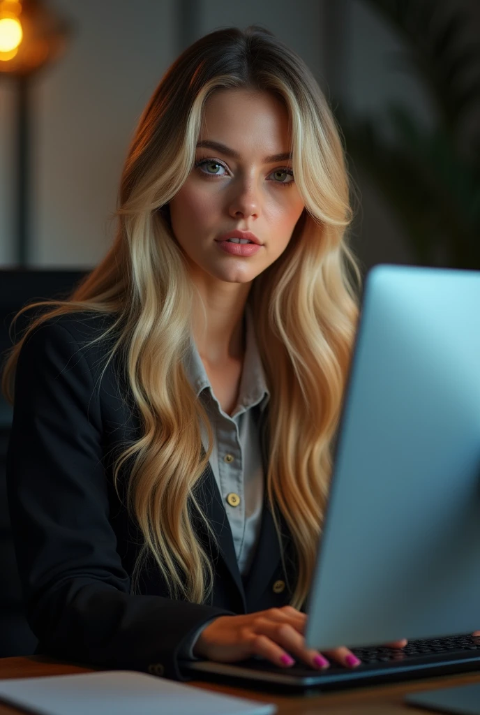 a beautiful girl with long blonde hair, detailed eyes, nose, and lips, wearing professional attire, sitting in his office, using your computer, hp computer (Best Quality,4k,8k,High resolution,masterpiece:1.2),ultra detailed,(realist,photorealist,photo-realist:1.37),HdR,studio lighting,extremely detailed face and body., portrait,cinematic lighting,dramatic lighting,warm color tones,dramatic colors