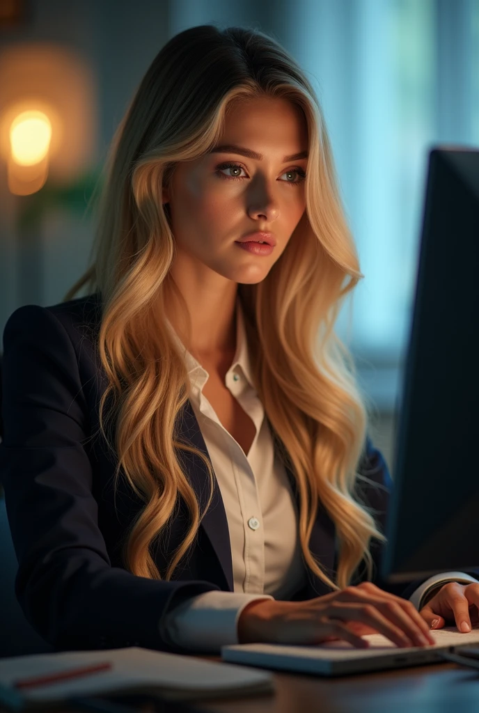 a beautiful girl with long blonde hair, detailed eyes, nose, and lips, wearing professional attire, sitting in his office, using your computer, hp computer (Best Quality,4k,8k,High resolution,masterpiece:1.2),ultra detailed,(realist,photorealist,photo-realist:1.37),HdR,studio lighting,extremely detailed face and body., portrait,cinematic lighting,dramatic lighting,warm color tones,dramatic colors
