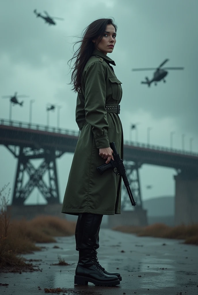 (Wide-angle lens)A 30-year-old woman with long black hair wearing military uniform.,Boots, trousers,high-heel boots,full-body shot,side,War Background,seaside,Iron bridge, Helicopters,Dark clouds sky,Science Fiction, dark的心情, full-body shot片,War atmosphere,Excellent detail,full-body shot片,Film Style,Soviet era,dark,Depressing atmosphere,In the wind and rain,Holding a pistol
