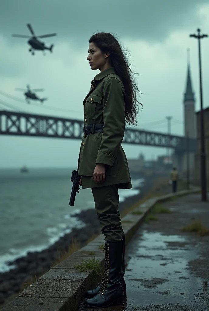 (Wide-angle lens)A 30-year-old woman with long black hair wearing military uniform.,Boots, trousers,high-heel boots,full-body shot,side,War Background,seaside,Iron bridge, Helicopters,Dark clouds sky,Science Fiction, dark的心情, full-body shot片,War atmosphere,Excellent detail,full-body shot片,Film Style,Soviet era,dark,Depressing atmosphere,In the wind and rain,Holding a pistol