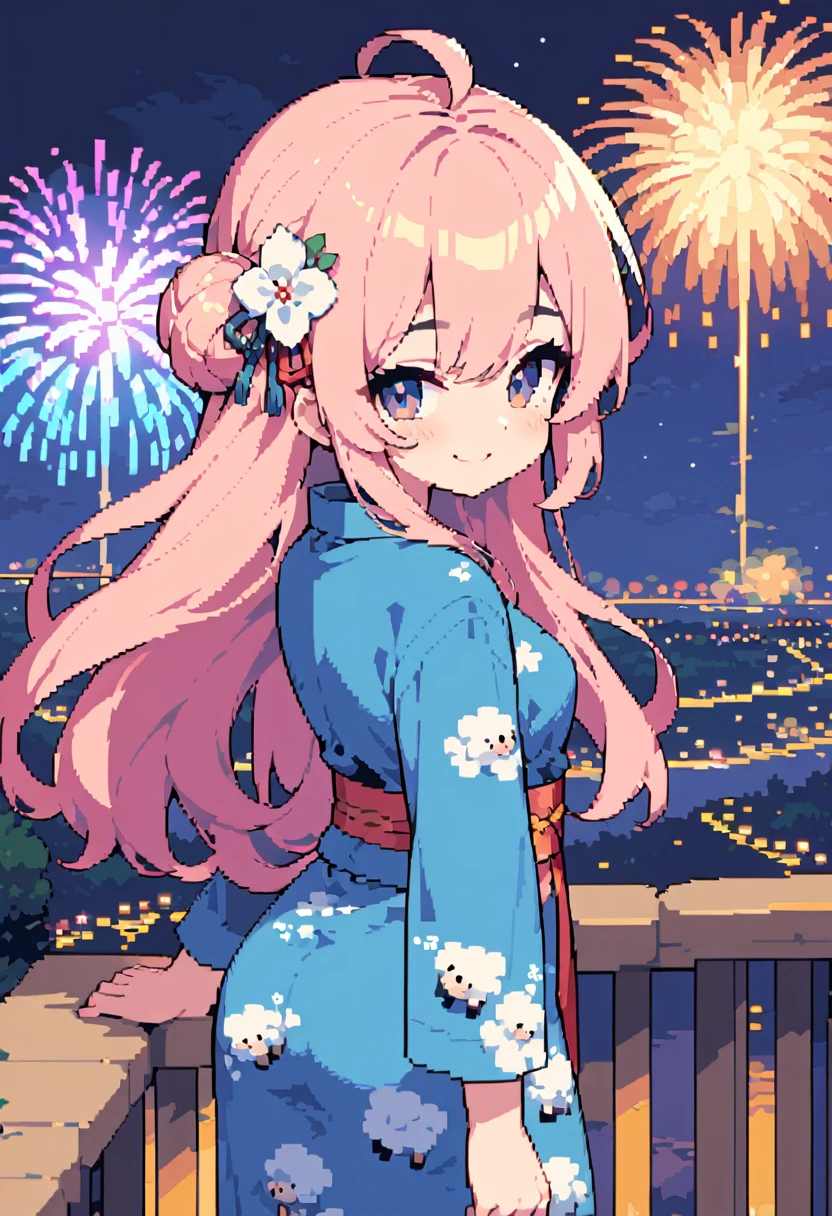 masterpiece, Highest quality, 8k, Pixel art, Pixel art, Vivid, Sheep, woman, 若いwoman, cute, Turning his back, Looking into the back, Smiling, Beautiful Shadows, Fluffy hair, Long Hair, Hair like sheep's hair, Pink Hair, eyebrow, 太いeyebrow, Sheep pattern yukata, (night), Fireworks display, Fireworks are going off, Large-flowered fireworks, From the top of the hill