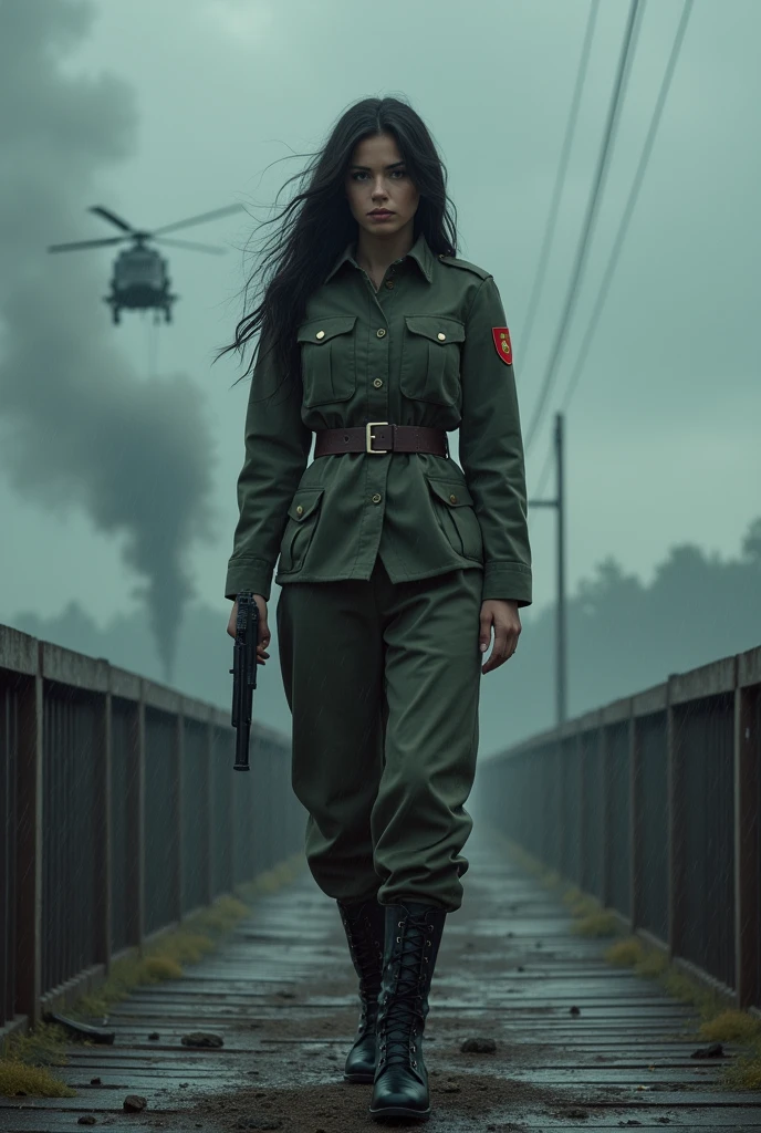 (Wide-angle lens)A 30-year-old woman with long black hair wearing military uniform.,Boots, trousers,high-heel boots,full-body shot,side,War Background,seaside,Iron bridge, Helicopters,Dark clouds sky,Science Fiction, dark的心情, full-body shot片,War atmosphere,Excellent detail,full-body shot片,Film Style,Soviet era,dark,Depressing atmosphere,In the wind and rain,Holding a pistol
