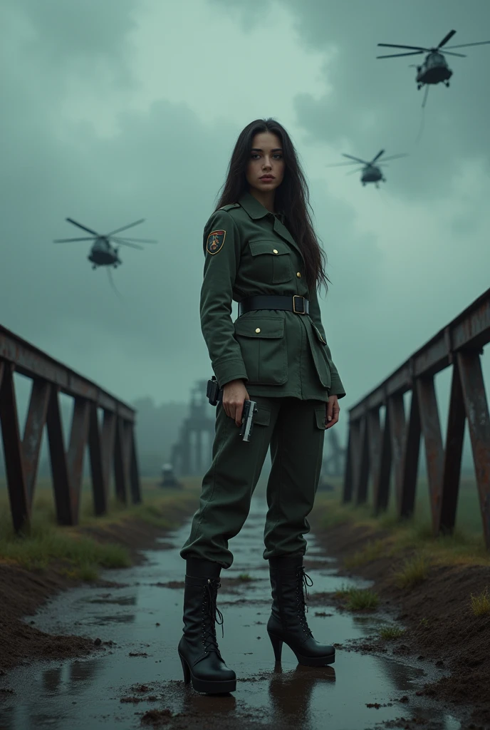 (Wide-angle lens)A 30-year-old woman with long black hair wearing military uniform.,Boots, trousers,high-heel boots,full-body shot,side,War Background,seaside,Iron bridge, Helicopters,Dark clouds sky,Science Fiction, dark的心情, full-body shot片,War atmosphere,Excellent detail,full-body shot片,Film Style,Soviet era,dark,Depressing atmosphere,In the wind and rain,Holding a pistol