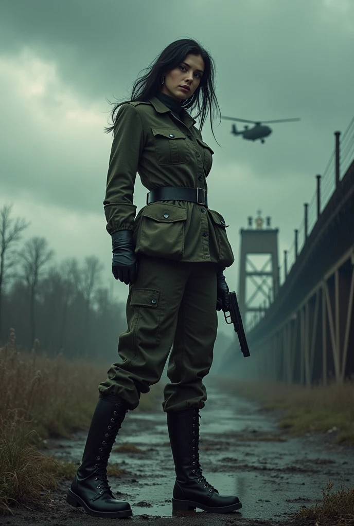 (Wide-angle lens)A 30-year-old woman with long black hair wearing military uniform.,Boots, trousers,high-heel boots,full-body shot,side,War Background,seaside,Iron bridge, Helicopters,Dark clouds sky,Science Fiction, dark的心情, full-body shot片,War atmosphere,Excellent detail,full-body shot片,Film Style,Soviet era,dark,Depressing atmosphere,In the wind and rain,Holding a pistol