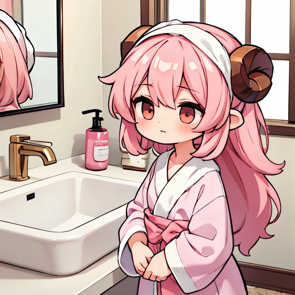 An anime-style illustration of ‘Fua-chan’ after a bath, with a towel wrapped around her head. Fua-chan has distinctive features: long pink hair styled in soft curls resembling sheep’s horns, with the towel neatly wrapped around her head to dry her hair. She is depicted wearing a cozy bathrobe, with a relaxed and refreshed expression on her face. The background shows a softly lit bathroom or bedroom with a warm and calming atmosphere, perhaps with a mirror and some bath products nearby, capturing the serene moment of self-care after a bath.
