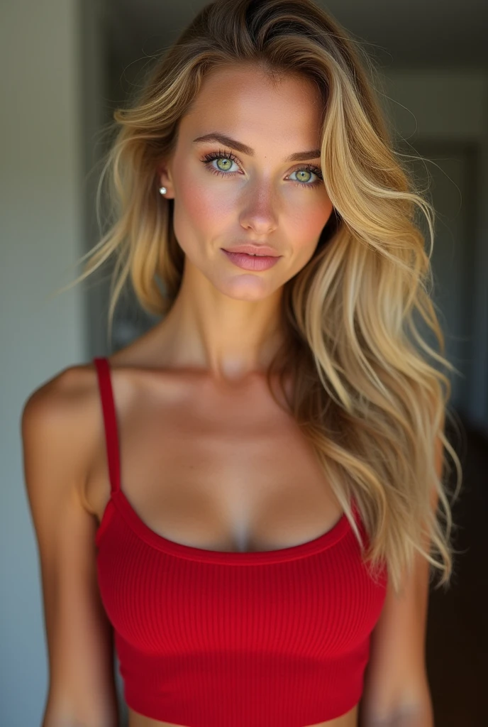 Beautiful blonde, 22ans, developed chest, avec un crop top rouge, very detailed, natural wavy hair, green eyes, high resolution, head of&#39.ouvrages