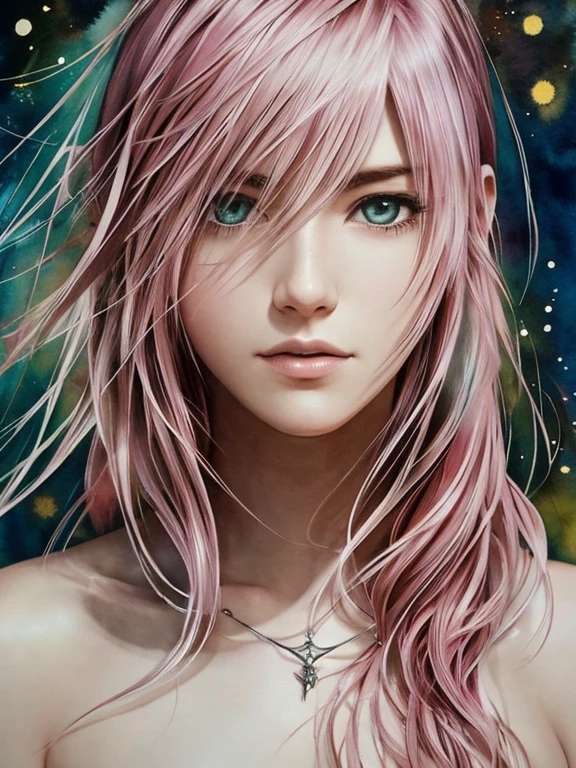 (((Agnes Cecile:1.3, watercolor))), precise lineart:1.1, glowing design, ink drops, Final Fantasy XIII Character Lightning (Claire Farron), centered, key visual, intricate, highly detailed, breathtaking beauty, vibrant, Beautiful Muses, comprehensive cinematic, ((Carne Griffiths, Conrad Roset)), autumn lights, (the most beautiful portrait in the world:1.4), (masterpiece, best quality), 