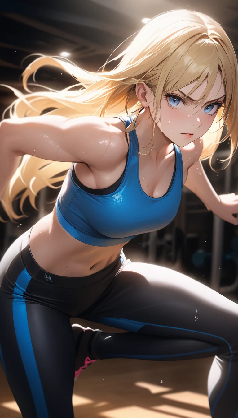 masterpiece, best quality, 1girl, beautiful young woman, long blonde hair, blue eyes, slim athletic build, wearing tight sports bra and yoga pants, exercising in gym, sweat glistening on skin, determined expression, dynamic pose, studio lighting, photorealistic render