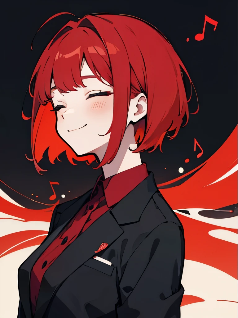 girl, 20-year-old, Redhead, Chiban, Red colored 目, Black Suit, musical notes on the background, short hair, Close ~ eyes, Wicked Smile, front, Upper Body