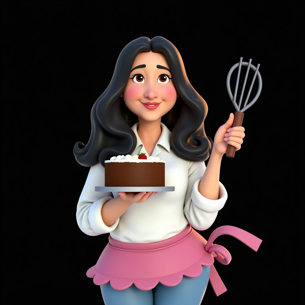 Cartoon character of a stylish woman in a pink apron, black wavy hair, brown aligned eyes, big flat nose, in the left hand is holding a whip and in the right hand is holding a large cake, an animated character, stylized character, animation style rendering, 3d stylized, Arnold Maya rendering, Stylized 3D rendering, toon render screenshot, 3d character, 3d character, Stylized 3D rendering, 3D character rendering, cartoon character, Personagem de close up, character posing, (Pixar-style) (master part:1.2) (bokeh) (best qualityer) (skin detailed) (detailed texture) (8k) (Argilla) (cinematic lighting) (sharp focus,Sit down and lift your upper body