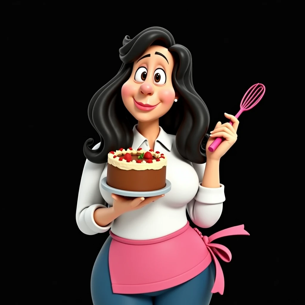 Cartoon character of a stylish woman in a pink apron, black wavy hair, brown aligned eyes, big flat nose, in the left hand is holding a whip and in the right hand is holding a large cake, an animated character, stylized character, animation style rendering, 3d stylized, Arnold Maya rendering, Stylized 3D rendering, toon render screenshot, 3d character, 3d character, Stylized 3D rendering, 3D character rendering, cartoon character, Personagem de close up, character posing, (Pixar-style) (master part:1.2) (bokeh) (best qualityer) (skin detailed) (detailed texture) (8k) (Argilla) (cinematic lighting) (sharp focus，Sit down and lift your upper body