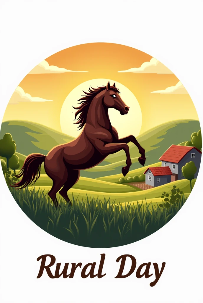 A circular logo with a farm, a sun behind and a horse rearing in front, name below Rural Day