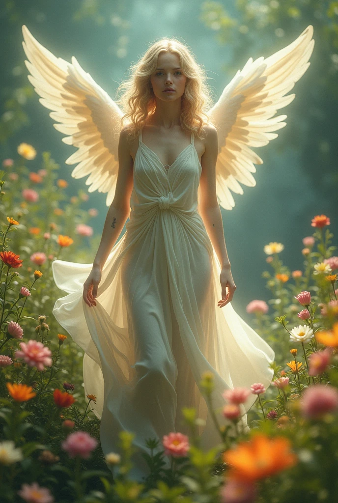 Nude angel, Flower Garden, Feather Wings, Depth of Field