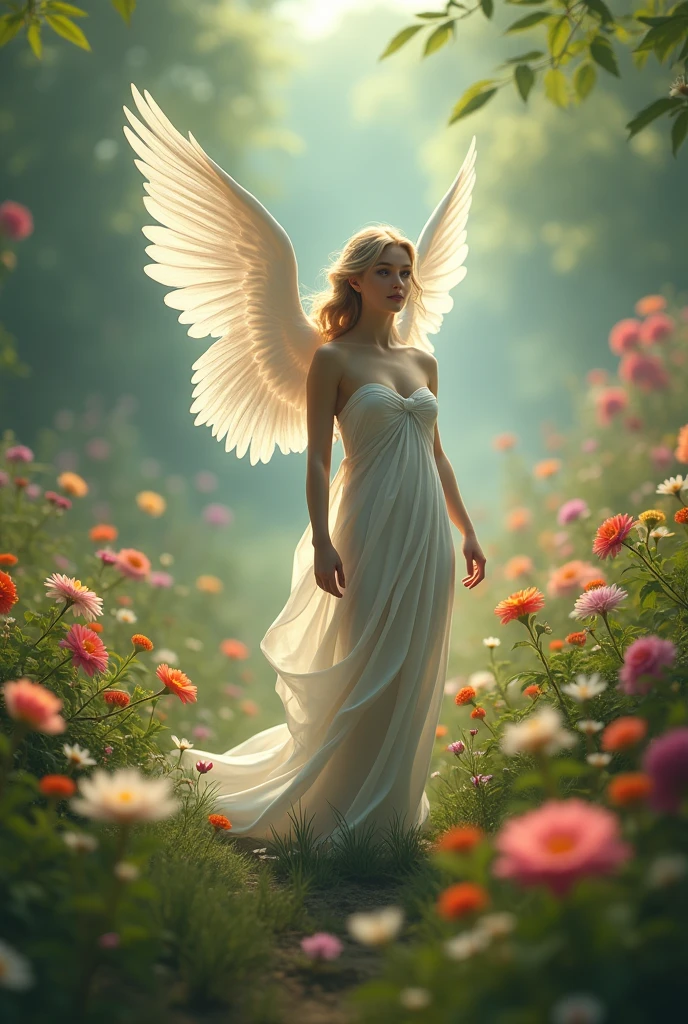 Nude angel, Flower Garden, Feather Wings, Depth of Field