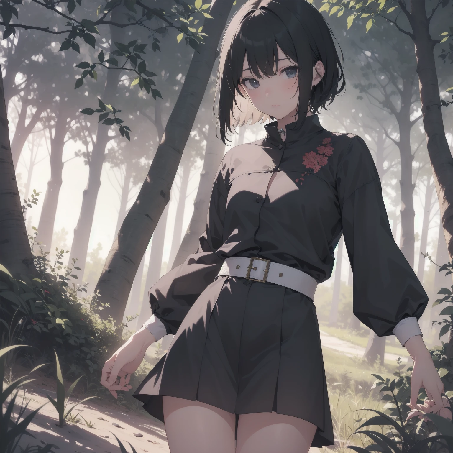 ultra-absurdres-Top quality by artist God, ultra-detailed, high resolution, anime moe artstyle, best anime 8k konachan wallpaper, pixiv contest winner, pool:2810, perfect anatomy,break, 1girl, ninja, (Please draw a ninja girl walking sleepily to forest alone. )break,(Solo,little female, 10-year-old:1.3),Full limbs, complete fingers,(very short hair), short cut, flat chest, , small butt, small black eyes, beautiful detailed eyes, well-proportioned iris and pupils, expressive eyes, highres detailed hair, expressionless, short kimono, short shorts, scarf, (Detailed Lighting), (Detailed background), night, in the forest. break,super detailed skin, Best cinematic lighting powered by famous artist, 8k,beauty illustration,photoshop_(medium),very aesthetic,break,((artist:ishikei )), artist:clamp ,artist:carnelian ,artist:kantoku ,