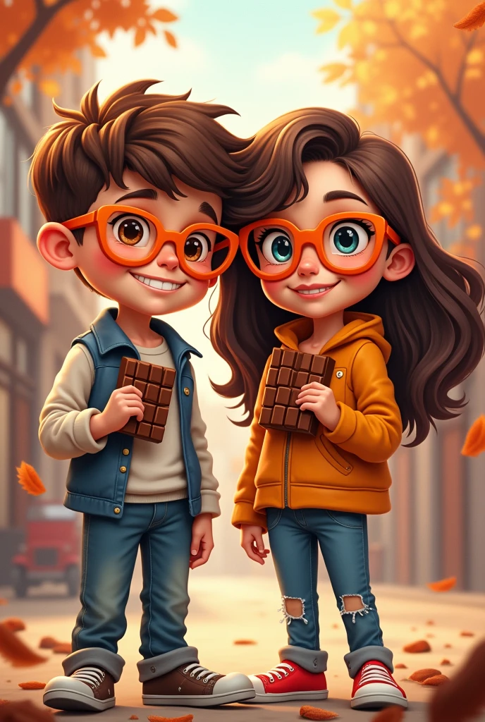Cartoon of a boy and a brunette woman wearing chocolate bars and orange glasses.