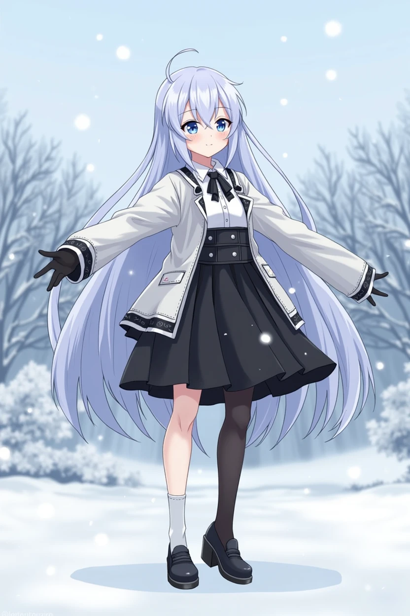 anime,change ,whole body, by the width, for white, blue eyes, black and white clothes, low snowy place in the background