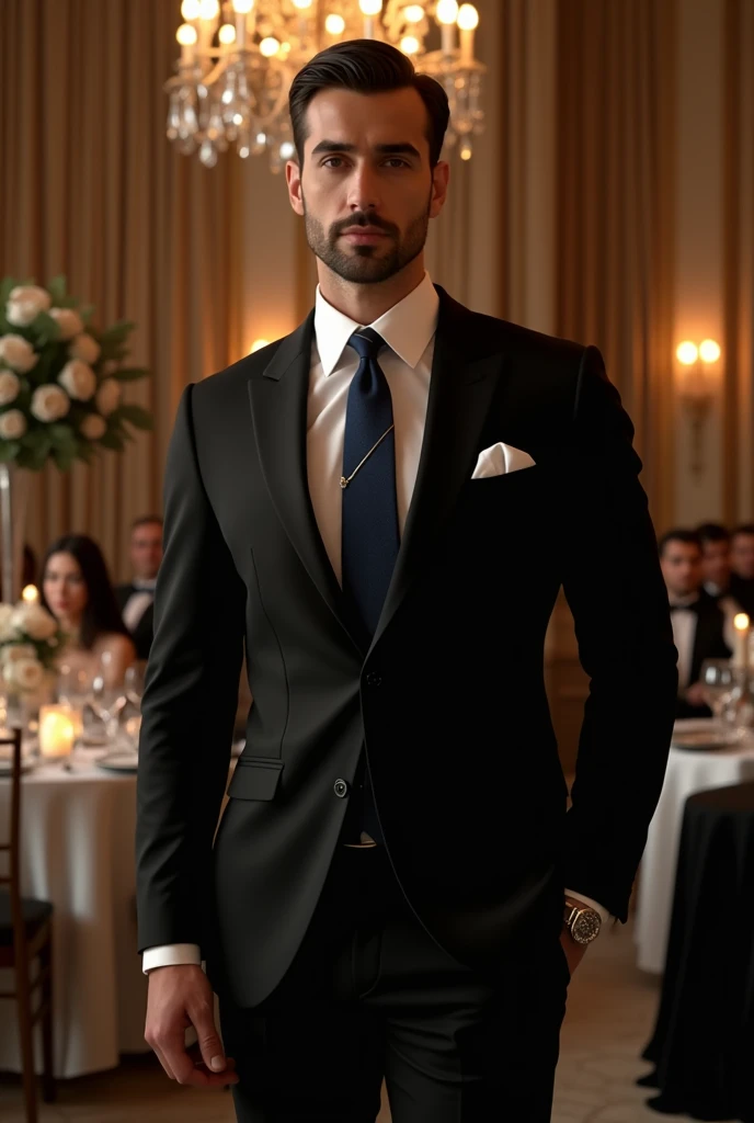 Classic Elegance for a Formal Event: "Create the image of a man in his 30s at a formal evening event. He is wearing a well-fitted black suit, white cotton shirt with classic collar, and a navy blue silk tie. The look is finished with polished black leather shoes., silver cufflinks, and a simply folded white pocket square. The environment is sophisticated, with soft lighting and gala decoration."