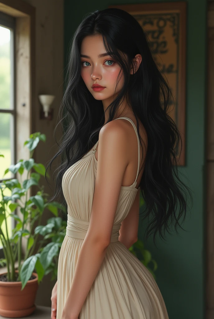 Girl with long hair, black in color, blue colored eyes. with big breasts, slim with hips and ass, no belly. Country-style dress, realist
