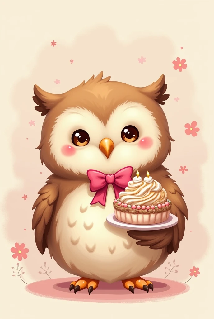 Create a cute style mascot, an owl with pink details, pink bow and holding a cake in hands.