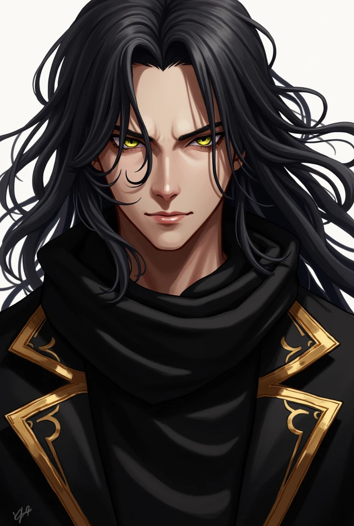 EMIYA archer from fate grand order with dark skin hair down wearing a black colour scarf with golden linning 
