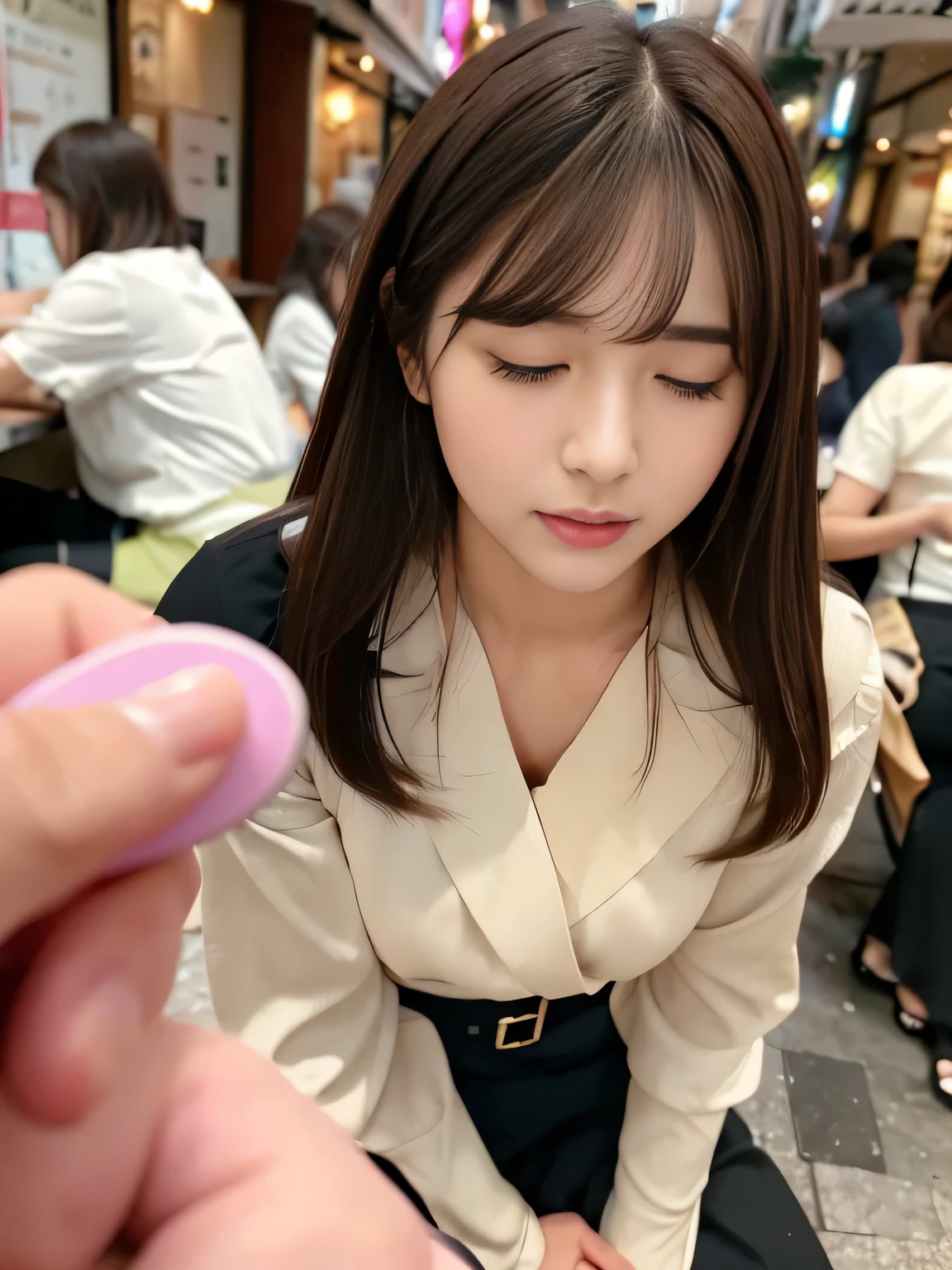 Cafeでバイブレーターいたずら、Woman in a restaurant,She leaned forward.,(She closes her eyes),she yawns, A lot of people around、crowd、Hand holding a pink remote control outside the frame,She wants me to stop using the vibrator,Look here and plead、Embarrassed face、She puts her hands on her crotch under the table,She is wearing a black suit with a tight skirt、White blouse、During meals、Sitting in a chair、Cafe、Fluffy medium hair、Pure erotic face、(Masseter muscle area:1.3)、(8k、Photorealistic、RAW Photos、Highest quality: 1.4)、(One Girl)、Very beautiful face、Very beautiful face、Very beautiful face、(Very realistic face)、(Brown hair、Fluffy medium hair:1.3)、Very beautiful hairstyles、Very realistic eyes、Very beautiful details、(Extremely realistic skin)、Very beautiful skin、Absurd、Very attractive、Ultra-high resolution、Surreal、High definition、Golden Ratio、Golden Ratio、Golden Ratio、beauty、beauty、beauty。