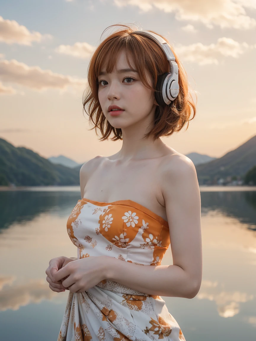 Top Quality, Masterpiece, Super High Resolution, (Actual:1.3), Original Photo, (Nature Photography), (Magnificent mountaintop, Sea of clouds), (Very wide mountain top), (Sunrise), (Girl), (Upper body), (Natural Light: 1.0), (Side View: 0.0), (Cowboy Shot: 0.0), (upper body: 1.8), (Close-up: 0.8), Portrait, Cinematic Lighting, Glow, Ray tracing, reflected light, f135mm, UHD, accurate, skin texture, super detail, great detail, high quality, highest quality, 8k, (surrealism: 1.2), BREAK, (Japanese: 1.3), (22 years old: 1.0), (Small breasts: 1.6), (Long, large, slit eyes: 1.8), (Realistic eyes: 1.8), (Height at 165cm: 1.2) , (Transparent white skin: 1.2), (Short curly bright pink hair with bangs: 1.3), (Deep eyeshadow makeup: 1.4), BREAK, (Correct hand: 1.6), (Correct fingertips: 1.6), Sexy pose, (Place hand near cheek: 1.8), BREAK, (Big white headphones: 1.4), (Wearing an orange and white printed strapless dress: 1.3), BREAK,