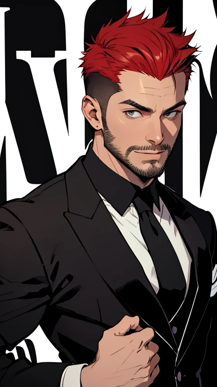 solo、a short haircut with spiky hair、Black suit、Black tie、A young man with red hair, (((Stubble))),American Comics、