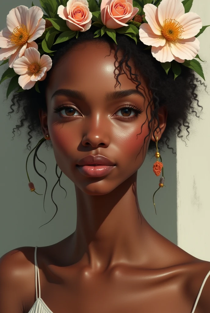 A beautiful ethiopian women with beautiful eyes and has a flower crawn
