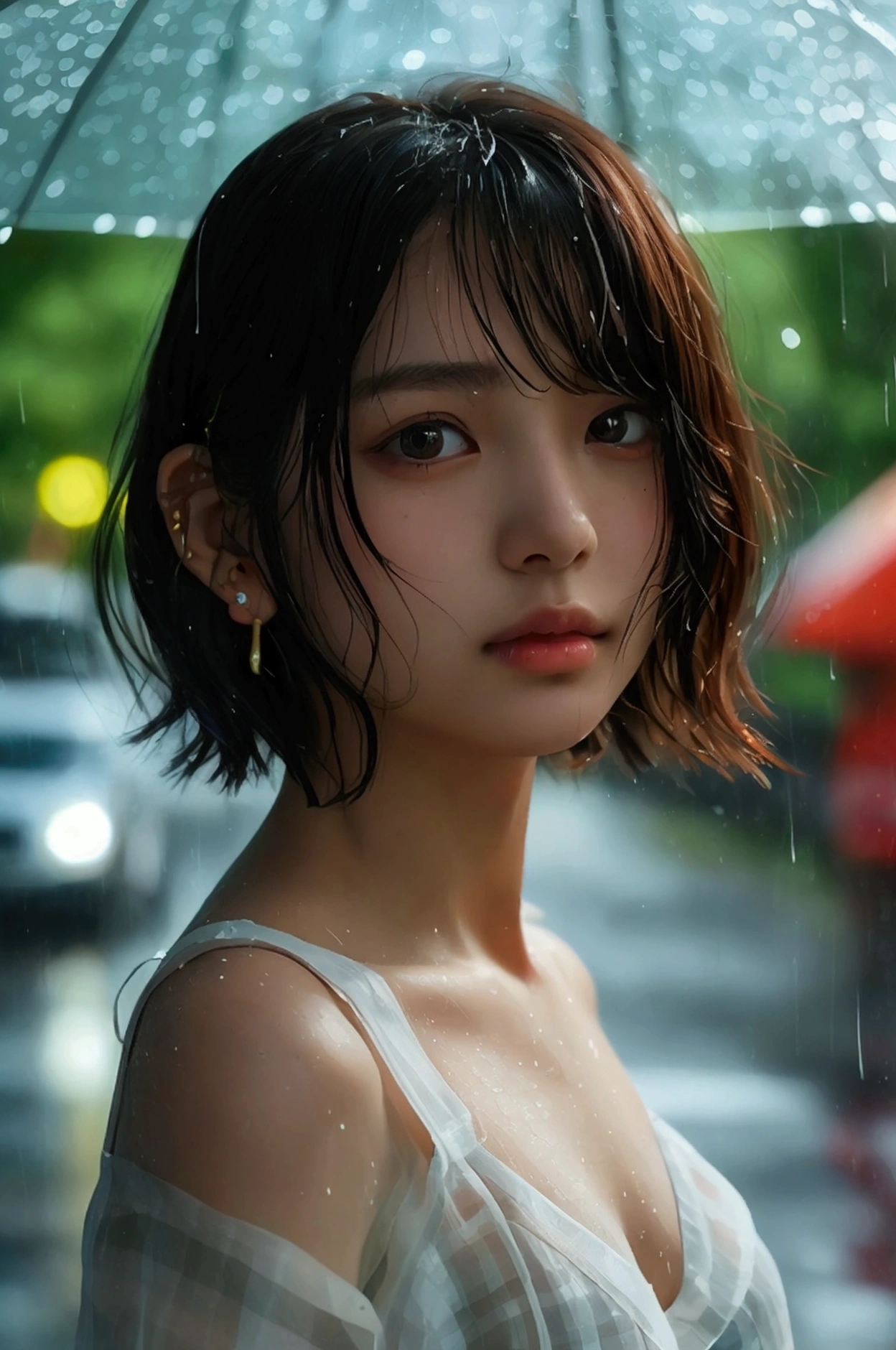 (8k, Photorealistic, Raw photo, Highest quality: 1.4),Japanese idol-style beautiful girl,1 person,,(Short Bob),(Black),She has her hair tucked behind her ears,Clear grey eyes,Eyes moist,Long eyelashes,(piercings(small)),(Lip gloss),lips(Plump,glossy),Skin that is as white and smooth as translucent porcelain,Thin and delicate shoulders,thin abdomen,(blouse(White,Short sleeve)),(Pleated skirt(Plaid)),(loafers),summer,On the way home from school,Sudden squall,Soaked from head to toe,My shirt is wet and transparent,On the way home from school,Rain shelter under the eaves,Looking out at the rainy street,(Full body snapshot: 1.2)