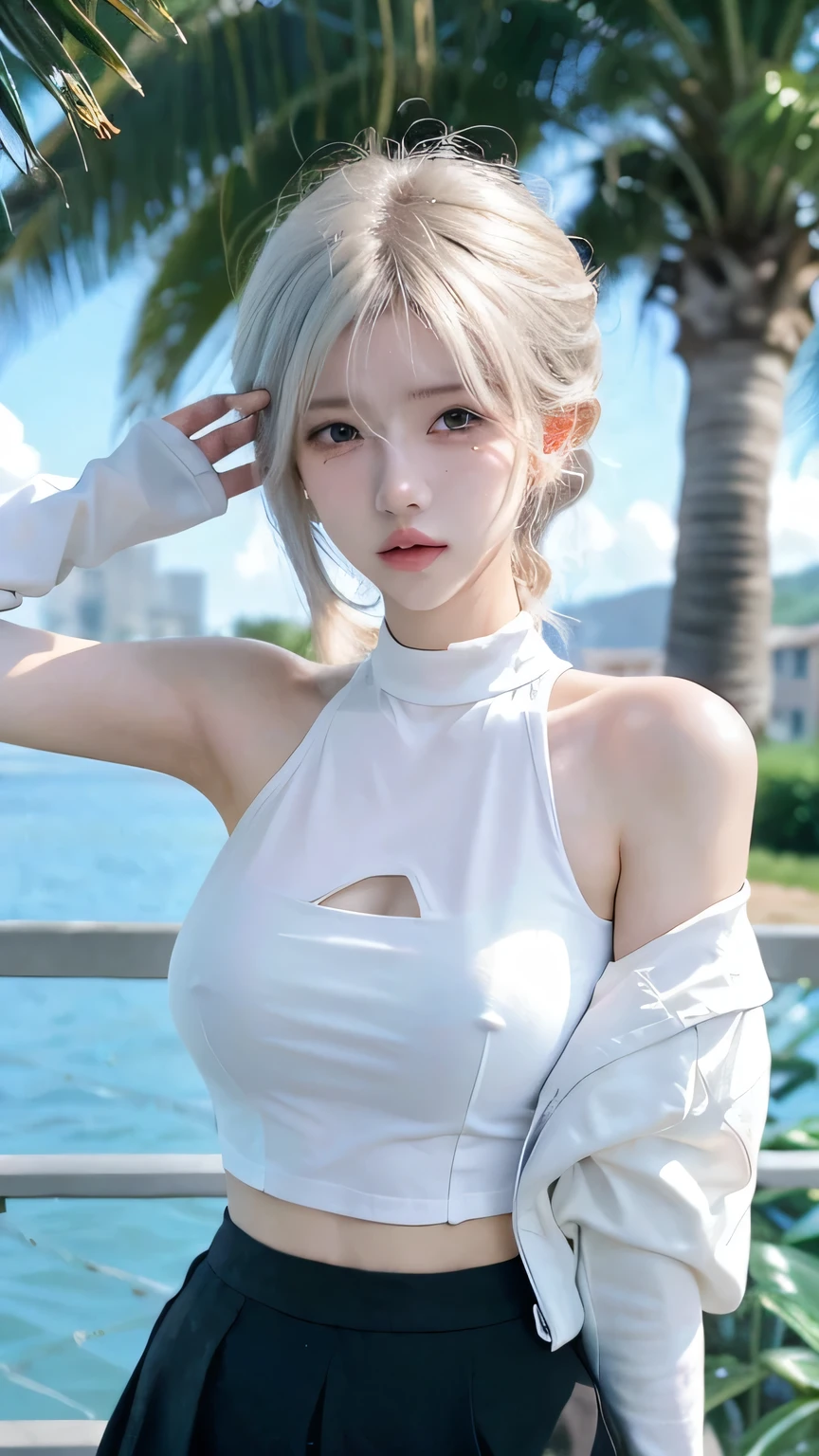 Beautiful Women in Perfect Shape:1.4，Layered Hairstyle，White skin，Prominent cleavage，Super short pleated skirt，whole body，The facial and skin texture is very delicate，Double eyelids，Skin Whitening，Long white hair