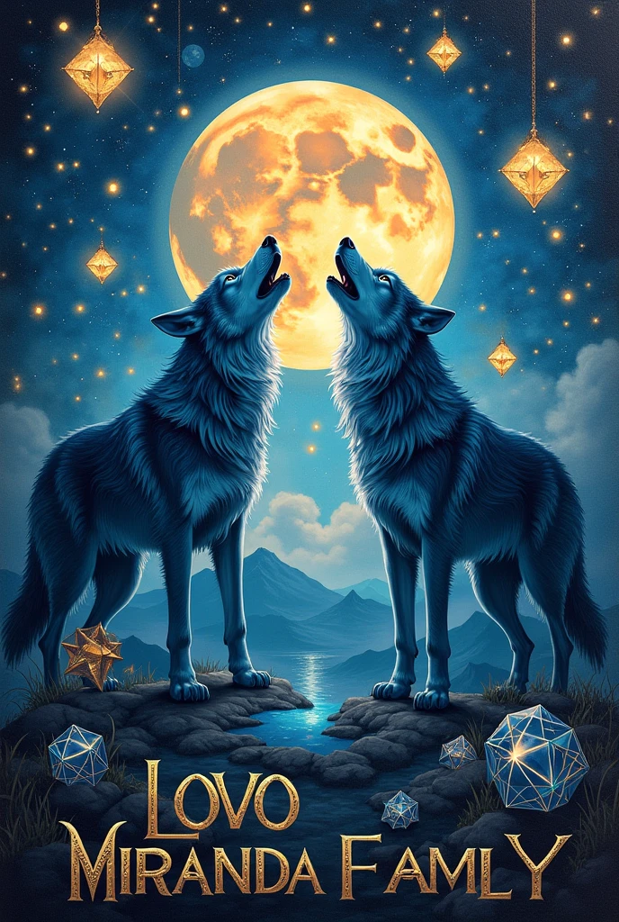 Elegant painting with moons, diamonds, wolves and gothic letters, big and bright (LOVO MIRANDA FAMILY) without people