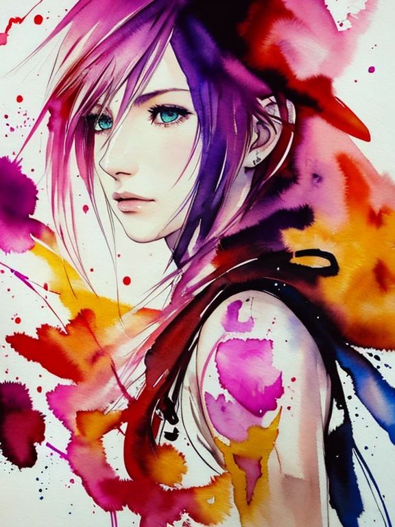 (((Agnes Cecile:1.3, watercolor))), precise lineart:1.1, glowing design, ink drops, Final Fantasy XIII Character Lightning (Claire Farron), centered, key visual, intricate, highly detailed, breathtaking beauty, vibrant, Beautiful Muses, comprehensive cinematic, ((Carne Griffiths, Conrad Roset)), autumn lights, (the most beautiful portrait in the world:1.4), (masterpiece, best quality), 