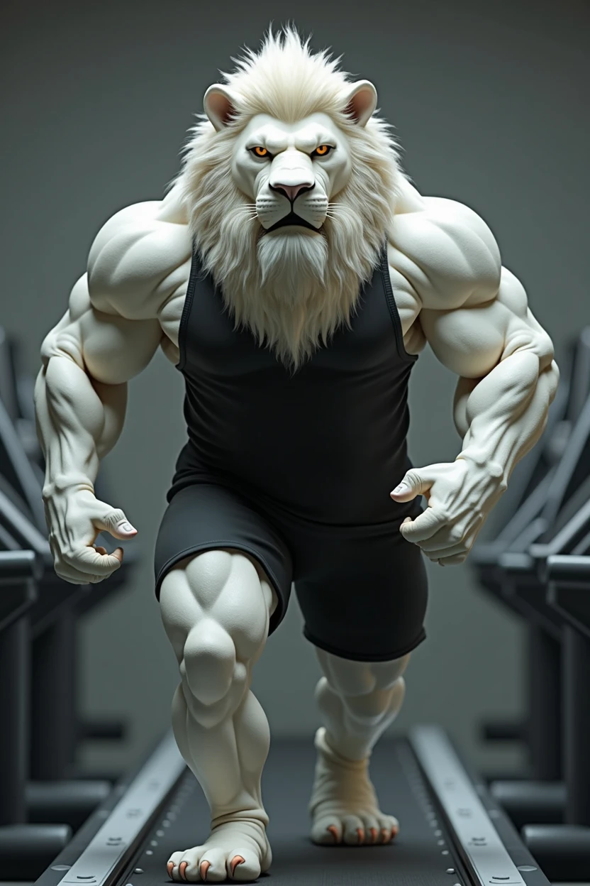muscular velues as the king on the treadmill, serious expression, sheen, velues, an anthropo (White Lion), one year, a muscular old man, facial hair, extremely detailed muscle, detailed Face, Face, detailed eyeballs, eyeballs, Pose dinânica, detailed muscle, realistic rendering, CG realistic, realistic 3D, fot, fund, black gym shorts, black tank top