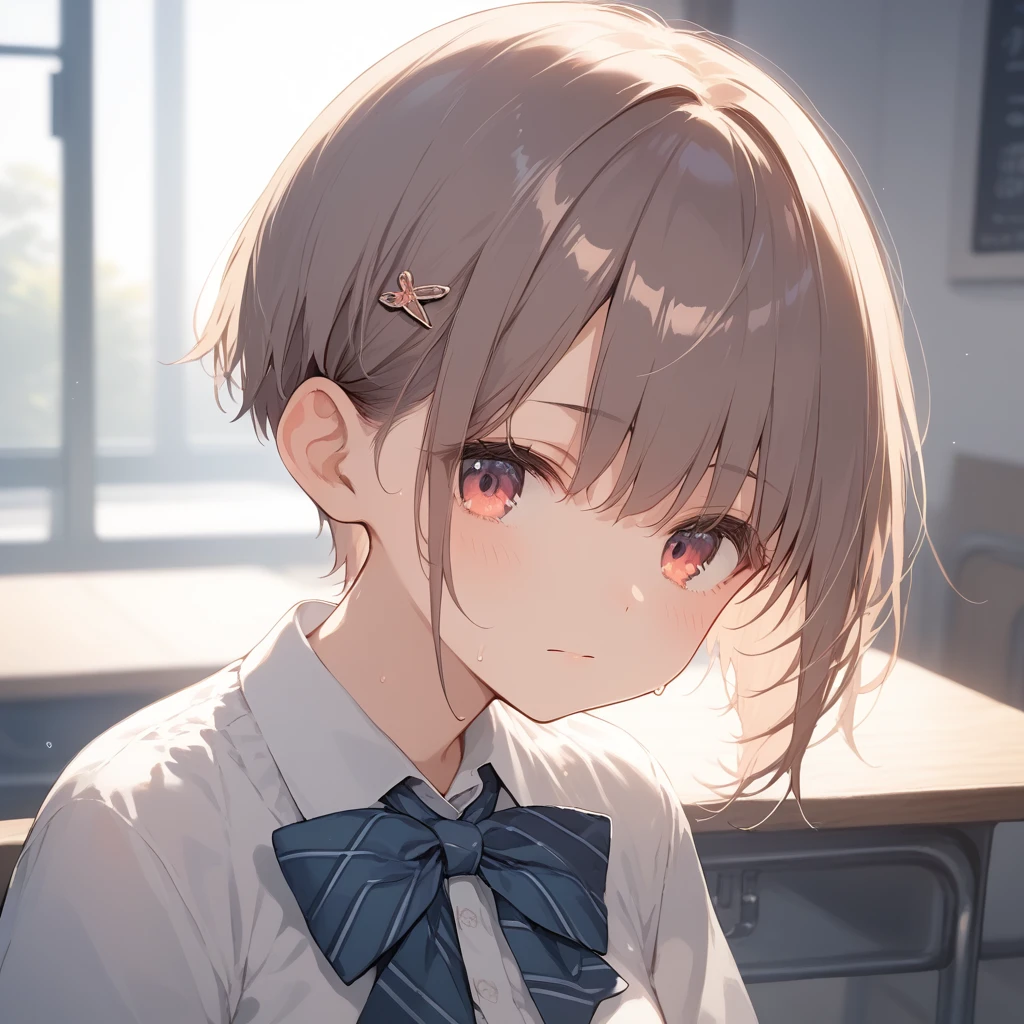 score_9, score_8_up, score_7_up, source_anime, best quality, masterpiece, official art, absurdres, highres, ultra-detailed,waifu2x,Collection: Pixiv 1000,break,1girl, school girl, very short hair, pixie cut, small breasts, slender, thighs, beautiful detailed eyes, expressionless, sweat, sleepily, (disgust:0.3), school, outdoors, break,(clear line illustration:1.2), super detailed skin, shiny skin, very high resolution, very aesthetic, Best sexual lighting powered by famous artist, 4k, 8k, 16k, cute picture, beauty illustration,photoshop_(medium),,(Detailed Lighting),best anime 8k konachan wallpaper, pixiv contest winner,