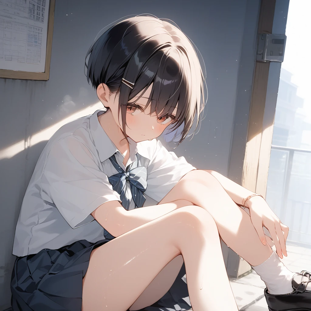 score_9, score_8_up, score_7_up, source_anime, best quality, masterpiece, official art, absurdres, highres, ultra-detailed,waifu2x,Collection: Pixiv 1000,break,1girl, school girl, very short hair, pixie cut, small breasts, slender, thighs, beautiful detailed eyes, expressionless, sweat, sleepily, (disgust:0.3), school, outdoors, break,(clear line illustration:1.2), super detailed skin, shiny skin, very high resolution, very aesthetic, Best sexual lighting powered by famous artist, 4k, 8k, 16k, cute picture, beauty illustration,photoshop_(medium),,(Detailed Lighting),best anime 8k konachan wallpaper, pixiv contest winner,
